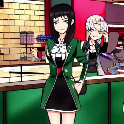 Image similar to Megan fox at Starbucks in Danganronpa anime