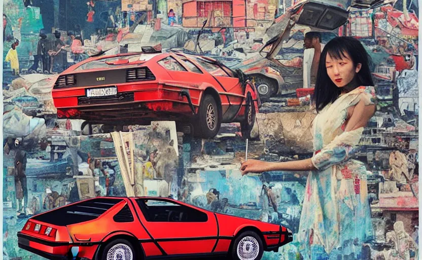 Image similar to a red delorean in ajegunle slum of lagos - nigeria, painting by hsiao - ron cheng & salvador dali, magazine collage & ukiyo - e style, masterpiece.