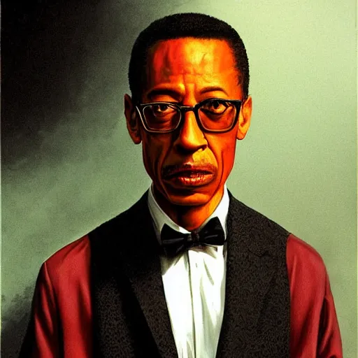 Image similar to Gus fring with half of his face blown up, gerald brom, photorealistic