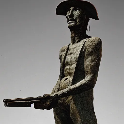 Image similar to beksinski's statue of thoth with a cowboy hat and a shotgun