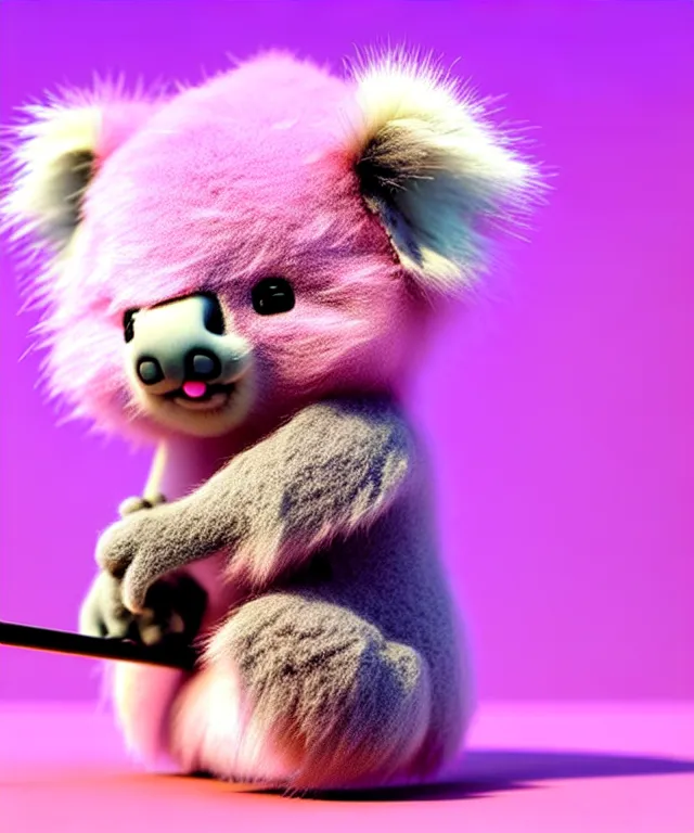 Image similar to high quality 3 d render hyperrealistic very cute small pink koala smoking weed joint, rising smoke, plush mascot, short spiky dense fluffy smooth hair, photo from the side, pink fluffy fur, 1 5 0 mm, beautiful natural soft light, rim light, vray, smooth background, artstation, ultra detailed