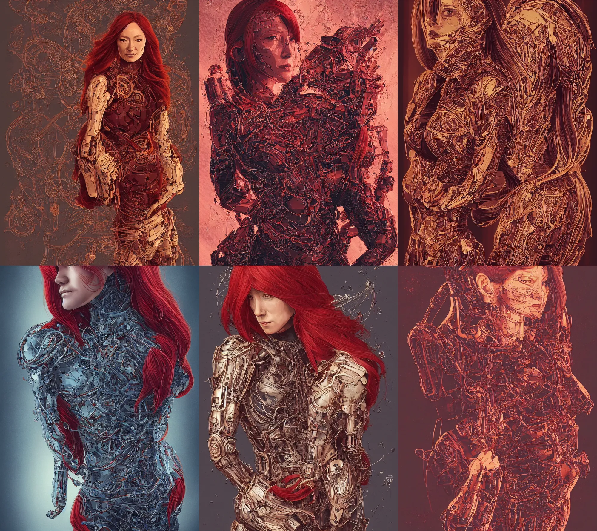 Prompt: body photo : (subject= 'Jen Psaki' subject detail= red hair, !!!transparent biomechanical body armor!!!, intricate ancient lettering) galmour photo composition, in the style of Artgerm and (tooth wu) and (dan mumford) and (beeple) and (wlop) and (rossdraws) and (James Jean) and (((Andrei Riabovitchev))) and ((Marc Simonetti)) and (yoshitaka Amano)