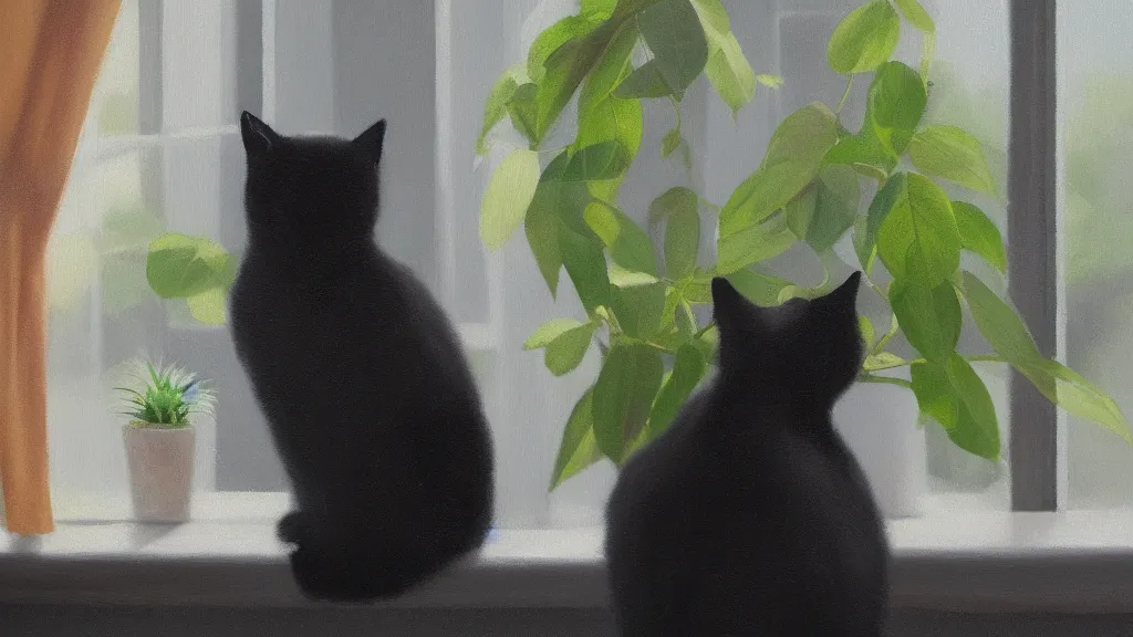Prompt: peaceful dreamy oil painting of a content black cat sitting by a window and looking outside, sunshine coming through the window, small plants on the window sill, 8k, hyper realism, trending on artstation, octane render