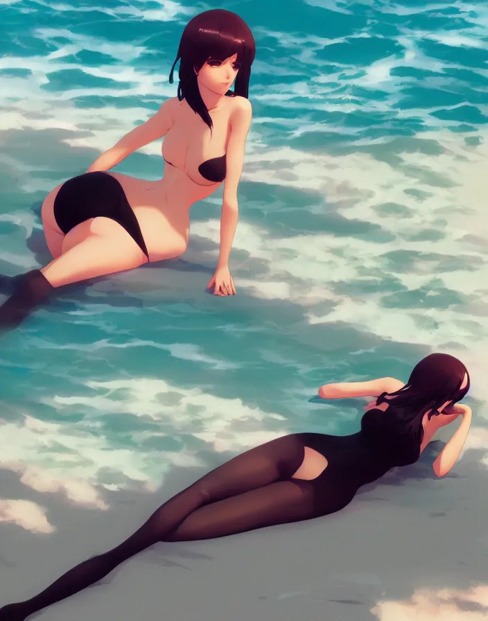 Image similar to a woman sitting on the beach, black bikini, matte, art by ilya kuvshinov and kyoto animation and ruan jia and ross tran, studio quality, aniplex,