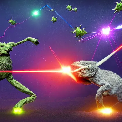 Image similar to laser war between funny creatures on a planet, digital art, award winning 4K