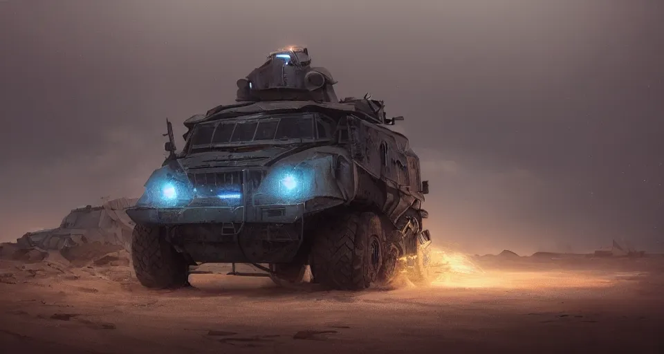 Image similar to an image of an armored vehicle in the night desert with blue headlights on by Paul Chadeisson, atmospherical, concept art, high detail, intimidating , cinematic, lightning , heavy storm , Artstation trending, octane render