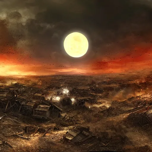 Prompt: a world war 1 battleground under a full moon, digital painting, mixed media, trending on artstation and deviantart, epic composition, highly detailed, 8 k