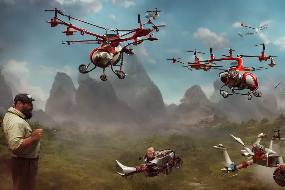 Image similar to pudge hooking gyrocopter with chen helping in background, unreal 5, high detailed, fantasy matte painting, super wide angle