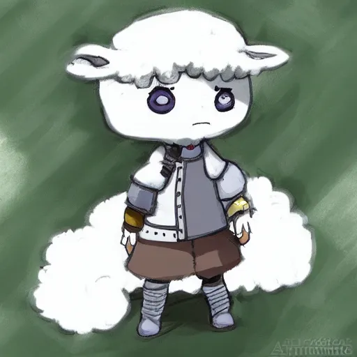 Image similar to little boy wearing sheep suit. white, gray, blue, green and brown pallet color. made in abyss art style, inspired in chris from deltarrune, artgerm, pixar movie