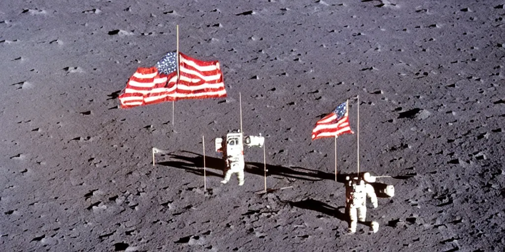 Prompt: colour photograph of the moon landing, urss astronauts with flag, spaceship, high resolution, very detailed