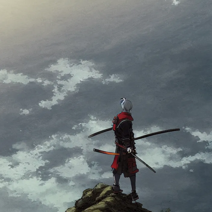 Prompt: an anime still of a ronin samurai standing on the edge of a cliff overlooking the ocean, confident looking, finely detailed features, perfect art, at an ancient castle, trending on pixiv fanbox, painted by greg rutkowski makoto shinkai takashi takeuchi studio ghibli, akihiko yoshida