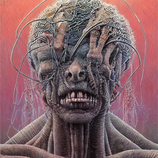 Image similar to hell being turned into paperclips, cosmic horror, biopunk, highly detailed, oil on canvas, zdzisław beksinski, marco mazzoni, peter gric