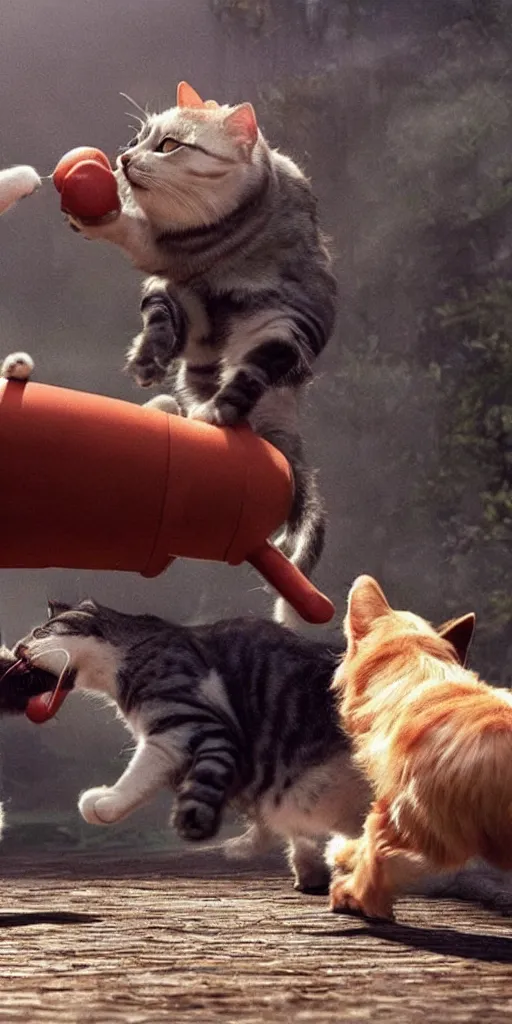 Prompt: A cat and a dog are fighting for a sausage,highly detailed,cinematography,realistic cinematic lighting,