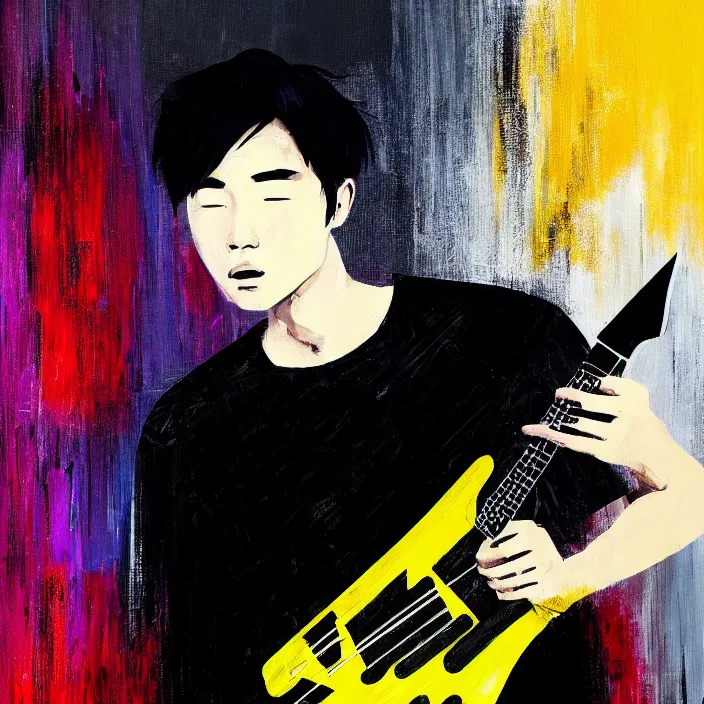 Image similar to large diagonal brush strokes, abstract dark painting of a young korean male musician wearing black tank top holding a telecaster!!! electric guitar!! in a dark room, thick flowing dramatic brush strokes, matte colors, abstract, impressionist, movement, trending on artstation