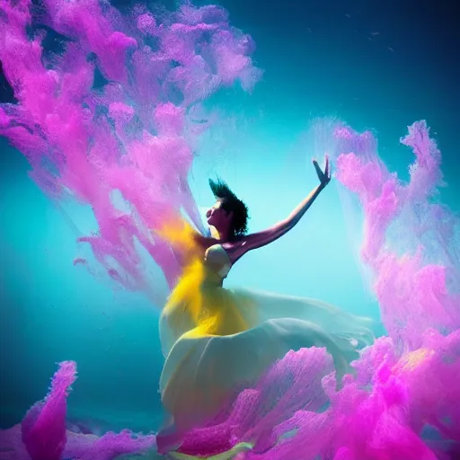 Image similar to beautiful geni morrow dancing underwater wearing a flowing dress made of blue, magenta, and yellow seaweed, delicate coral sea bottom, swirling silver fish, swirling smoke shapes, octane render, caustics lighting from above, cinematic