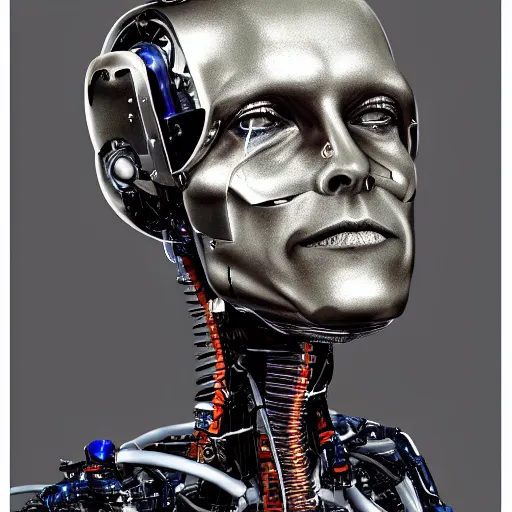 Image similar to a cyborg robot designed by tesla, hyper realistic, detailed portrait,