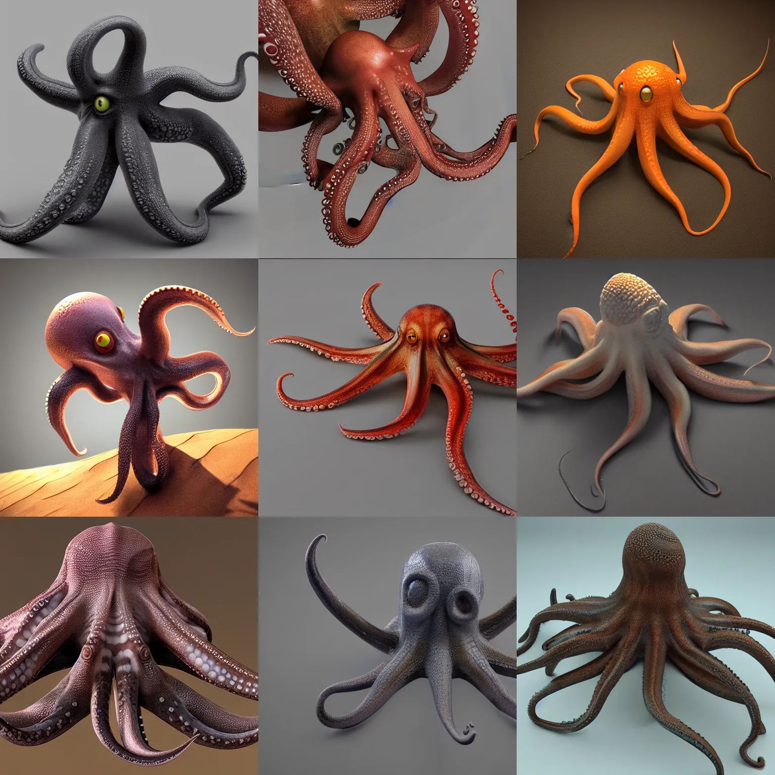 Prompt: realistic 3 d model of an octopus, vray, octane render, maya, photorealistic, artstation, zbrush central