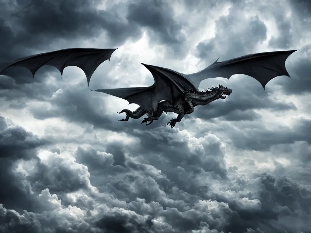 Prompt: epic cinematic shot of dragon flying through stormy clouds in the style of Game of Thrones