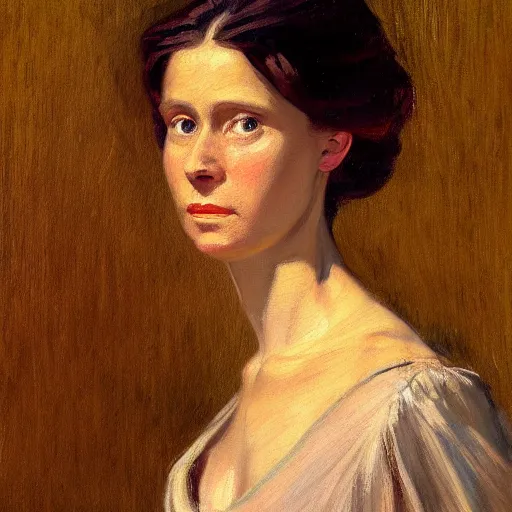 Prompt: a painting of a woman in a brown dress, a portrait by Jeanne du Maurier, cgsociety, american barbizon school, studio portrait, oil on canvas, chiaroscuro