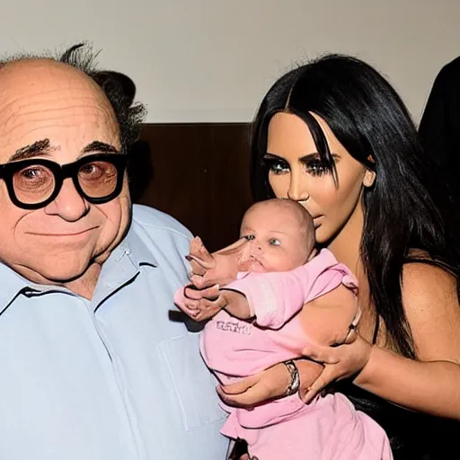 Image similar to danny devito is a very small little baby and kim kardashian is feeding danny devito from a bottle