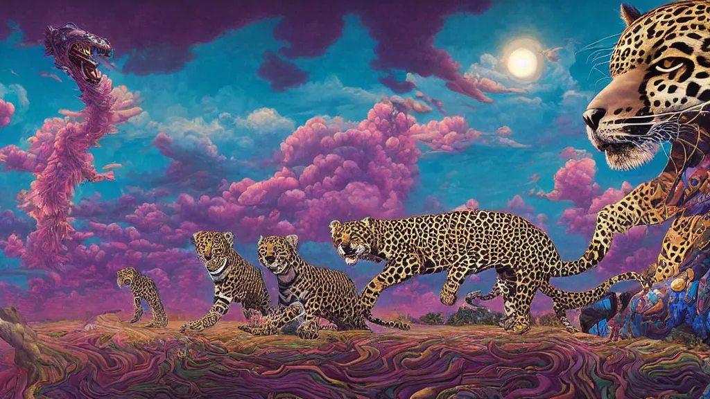 Image similar to highly detailed painting of a dream involving jaguars in colorful clouds in the middle of the night by oliver vernon artist, joseph moncada, damon soule, manabu ikeda, kilian eng, moebius, nico delort, kyle hotz, dan mumford, otomo, 4 k resolution