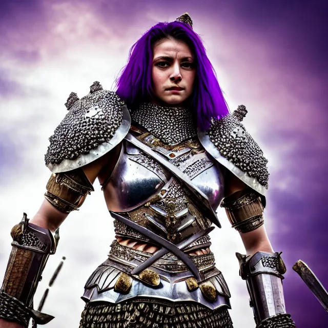 Image similar to full body photo of a beautiful warrior queen wearing amethyst encrusted armour, highly detailed, 4 k, hdr, smooth, sharp focus, high resolution, award - winning photo