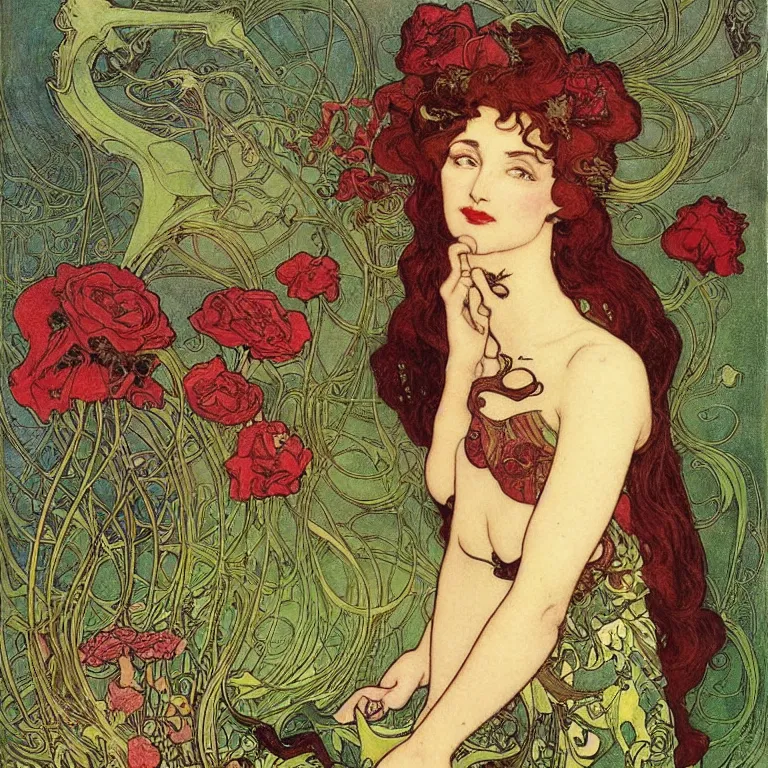 Prompt: A brunette woman standing in a green dress on a gold background, with black roses and red lips Anton Pieck,Jean Delville, Amano,Yves Tanguy, Alphonse Mucha, Ernst Haeckel, Edward Robert Hughes,Stanisław Szukalski and Roger Dean