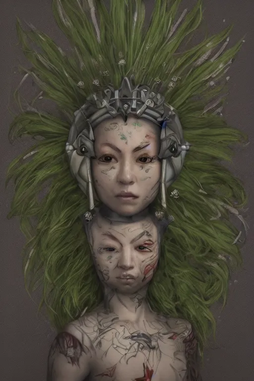 Prompt: portrait of beautiful young mainem, warhammer, japaneese style, cyber armor, a lot of more scars, more and more flowers, green head, the middle ages, highly detailed, artstation, illustration, art by rene magritte, 8 k quality