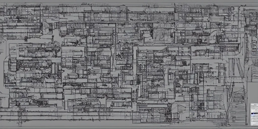 Prompt: Schematic, mining town, architecture blueprint, archive