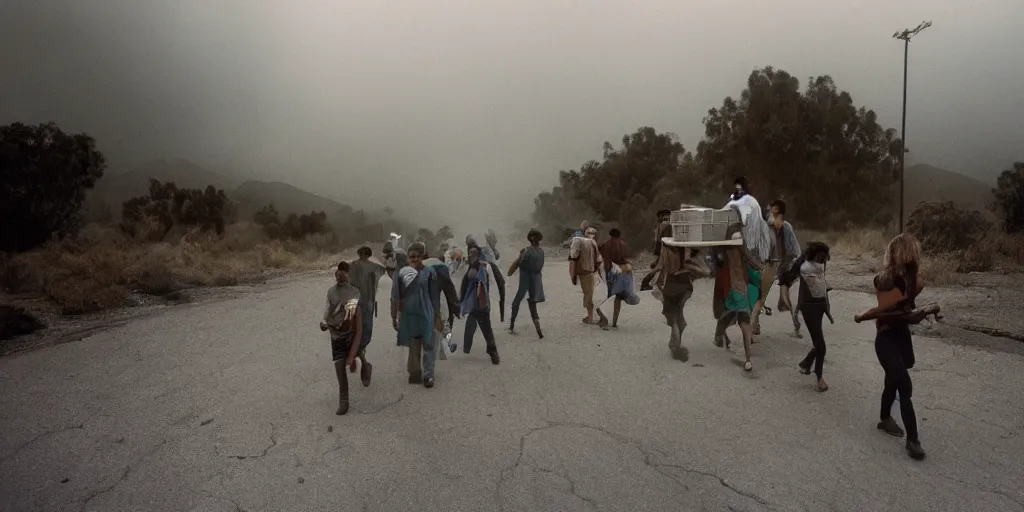 Prompt: realistic photograph of dystopian climate migrants escaping Los Angeles as the earth decays behind them by Scott M Fischer, humans, realism, national geographic, 8k, misty, dark, dry, Orwellian, vibrant colors, 25mm film grain