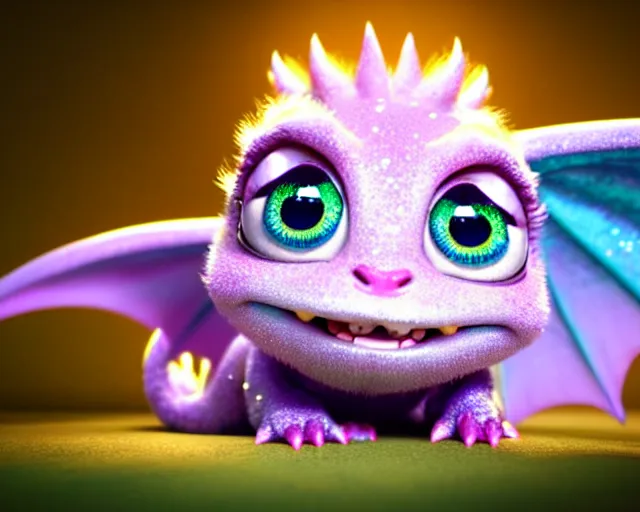 Image similar to a cute cute baby dragon, big eyes, soft fur texture, pastel colours, colorful, shiny glitter crystals, cute, adorable, pixar animation style, detailed, soft light, octane render, cute, 4 k,