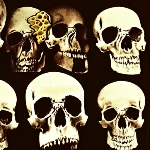 Image similar to ice cream of the macabre, skin and bones flavour, scops in skull, flesh, blood, evil, horror