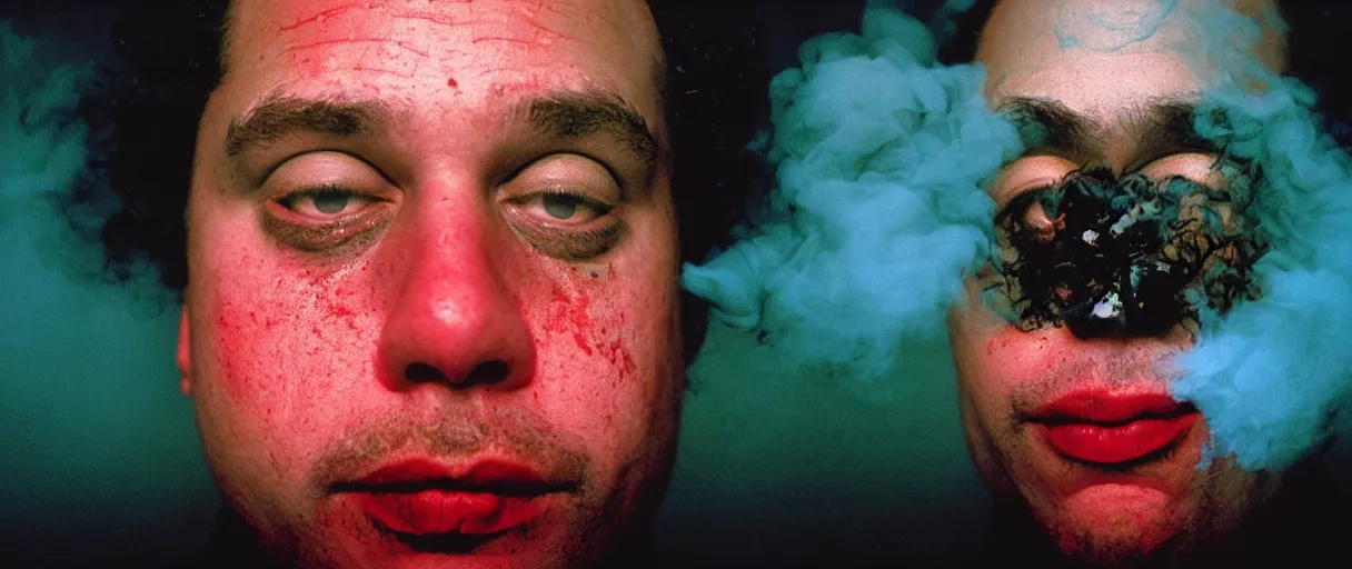 Prompt: award winning photo of a todd solondz charles thompson iv wearing lipsticl and becoming smoke, sad and happy, crying and smiling franticly, vivid colors, happy, symmetrical face, beautiful eyes, studio lighting, wide shot art by sally mann & arnold newman