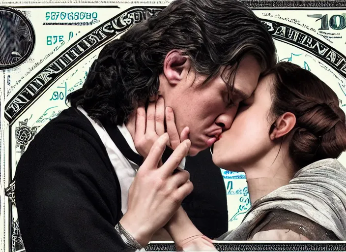 Prompt: reylo kissing, dollar bill