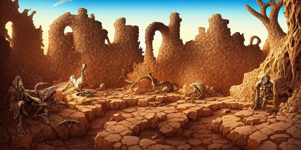 Image similar to a fantasy desert landscape, ruins, bones, rocks, arid ecosystem, digital illustration by michael whelan and leyendecker and artgerm, intricate details, surreal, photorealistic, award winning