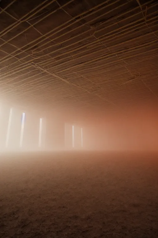 Image similar to inside a tall vetical room, convoluted halls, large open windows, fast wind, cables hanging, complex ceiling, ancient monolithic sci - fi, thick dust storm enters the buiding, concrete pillars, on an alien planet, sun is blocked by dust, pale orange colors, cinematographic wide angle shot, f / 2 4, motion blur