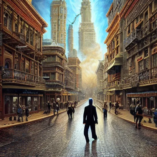 Image similar to humanoid reptilian man walks through the center of a city, extremely detailed oil painting, 1 9 2 0's colored pencil, highly detailed, highly accurate, deep aesthetic, 8 k, highly ornate intricate details, cinematic lighting, rich colors, beautiful scenic view, ray tracing, hyperrealistic, photorealistic, cinematic landscape, trending on artstation, concept art,