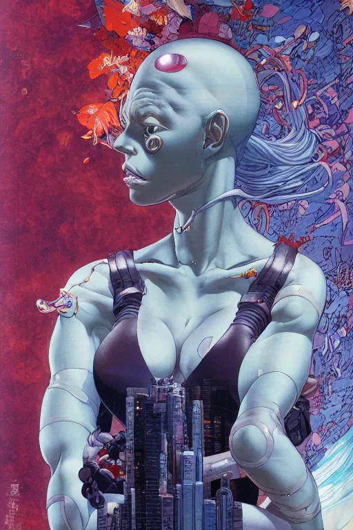 Image similar to citizen waist shot soft light painted by james jean and katsuhiro otomo and erik jones, inspired by the fifth element, smooth face feature, intricate oil painting, high detail illustration, sharp high detail, manga and anime 1 9 9 9