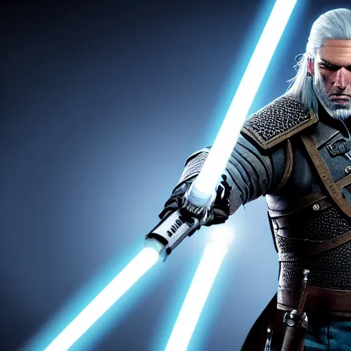 Prompt: Geralt of Rivia fighting with a blue lightsaber, photorealistic
