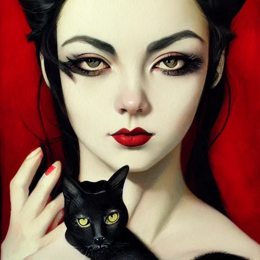 Image similar to a painting of a woman holding a cat, a photorealistic painting by tran nguyen and ilya kuvshinov, featured on deviantart, gothic art, goth, gothic, detailed painting