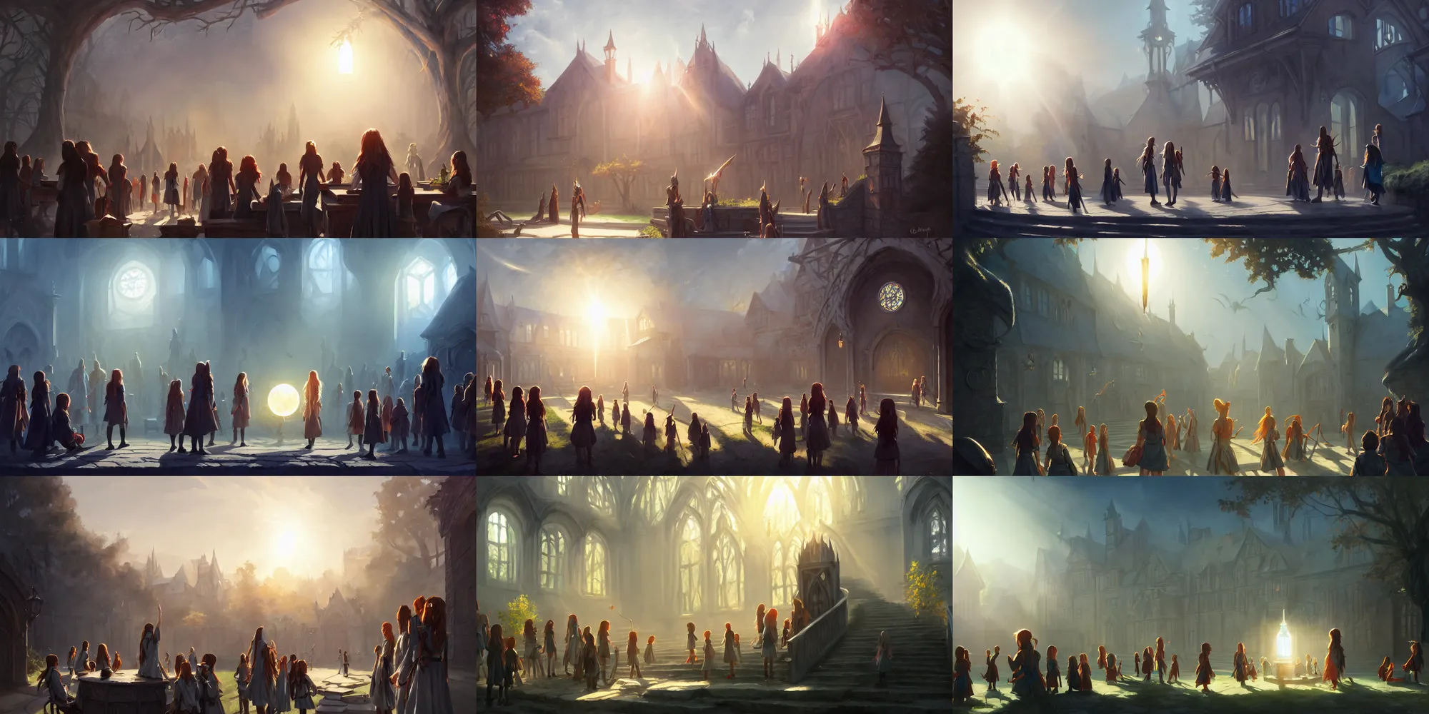 Image similar to Strixhaven school for gifted magical beings, D&D fantasy, magical school, spells practice, bright day light sun, school courtyard, cinematic, lens flare, highly detailed, digital painting, trending on artstation, pixiv, concept art, sharp focus, illustration, art by Greg Rutkowski