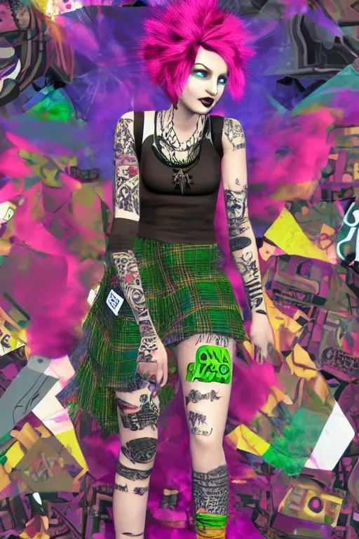 Image similar to portrait of hannah murray as a punk woman with green mohawk, neotraditional tattoos, fishnets, long tartan skirt as delirium of the endless, the sandman, rainbow clothes, second life avatar, the sims 4