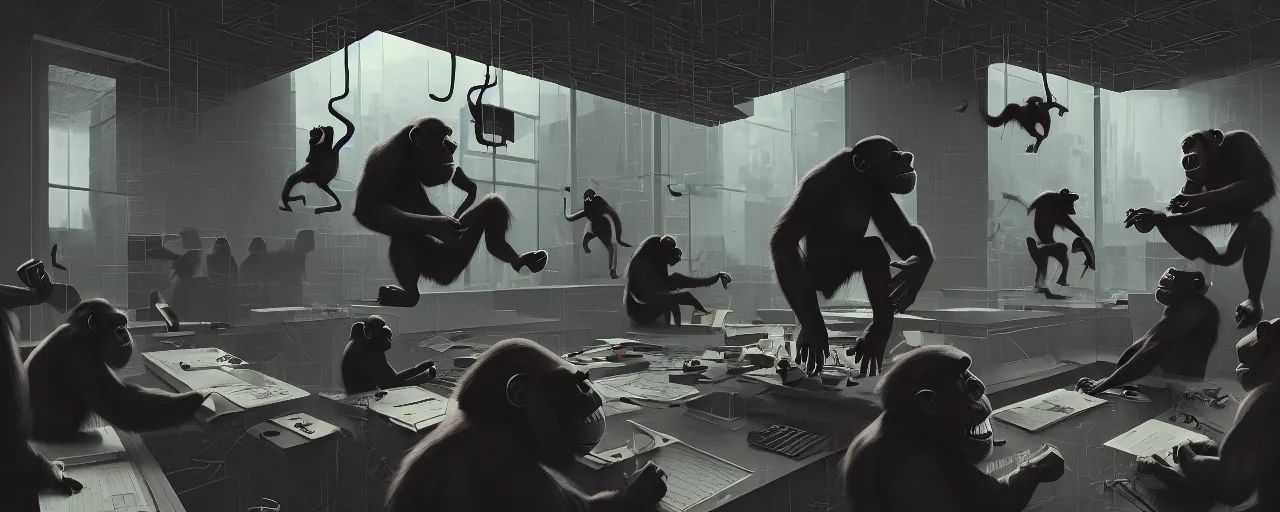 Image similar to duotone noir concept illustration of group wild and crazy chimps ruining inside of modern office computer rooms, octane render, concept hideo kojima surreal atmosphere, volumentric lighting. cosmic horror. accidental renaissance. by sachin teng and sergey kolesov and ruan jia and heng z. graffiti art, scifi, fantasy, hyper detailed. trending on artstation