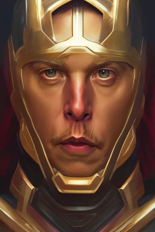 Image similar to elon musk as thor, realistic portrait, symmetrical, highly detailed, digital painting, artstation, concept art, smooth, sharp focus, illustration, cinematic lighting, art by artgerm and greg rutkowski and alphonse mucha