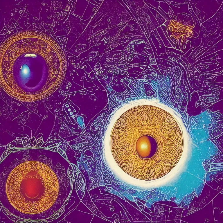 Prompt: eyes skyward tiny macro plux egg diagram immense knowledge supreme peace overwhelming color apocalyptic blue gold black violet infrared ornate