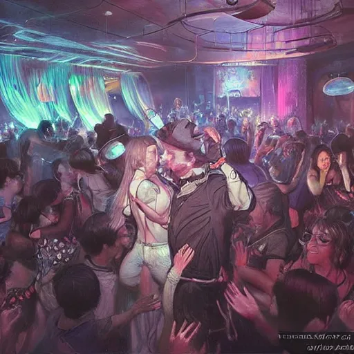 Prompt: people dancing at a night club, highly detailed, trending on artstation, artgerm, yoshitaka amano