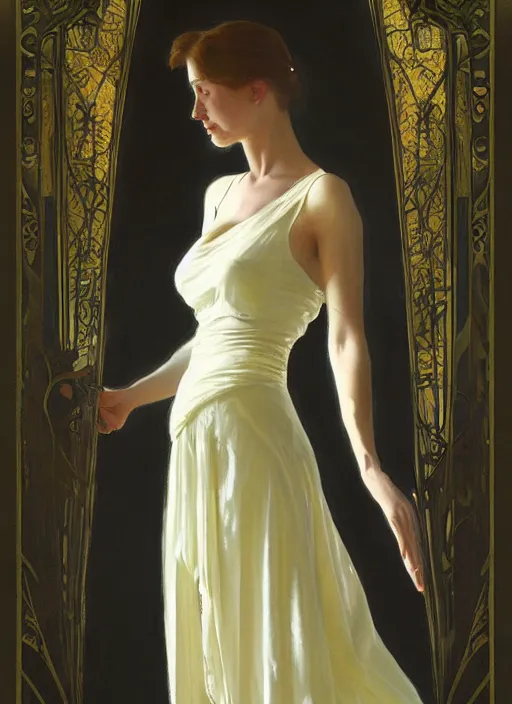 Image similar to an oil painting of a woman in a flowing white gown standing in a hazy, gloomy, dark room, art nouveau in the style of john singer sargent, greg rutkowski, maxfield parrish and alphonse mucha