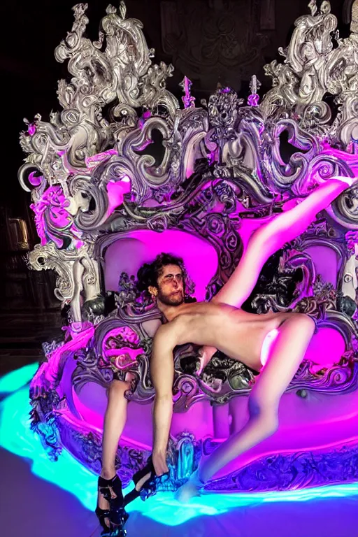 Image similar to full-body rococo and cyberpunk style neon statue of a young attractive Jose macho dotado e rico android sim roupa reclining con las piernas abertas e la piroca dura, glowing white lasers, glowing eyes, silver prince crown, black gears, pink diamonds, swirling mint-colored silk fabric. futuristic elements. ethereal white dripping tar. full-length view. human skulls. large pink balloon animals. intricate artwork by caravaggio. Trending on artstation, octane render, cinematic lighting from the right, hyper realism, octane render, 8k, depth of field, 3D