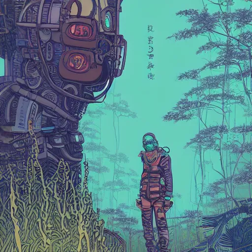 Image similar to Stunningly intricate illustration of a single cyberpunk explorer overlooking a gigantic decaying robot head in a lush forest, highly detailed, midnight, by Victo Ngai and James Gilleard , Moebius, Laurie Greasley