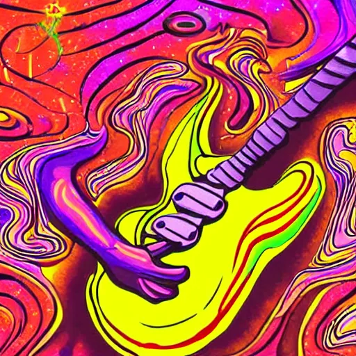 Image similar to psychedelic illustration of a guitar player melting on colors